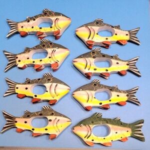 Vintage Hand Painted Wood Trout Fish Napkin Rings Set of 8 Rustic Lodge Decor
